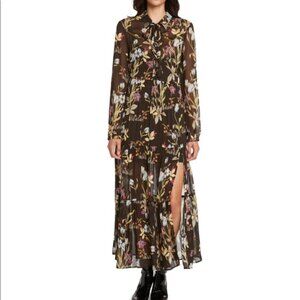 Willow & Clay Western Long-Sleeve Dress Brown Tiered Skirt Sheer Floral Size S
